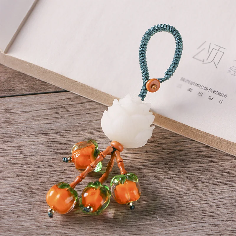 Handcarved White Bodhi Lotus Shaped Keychain Women's Glass Persimmon Handwoven Rope Retro Exquisite Mobile Phone Bag Pendant