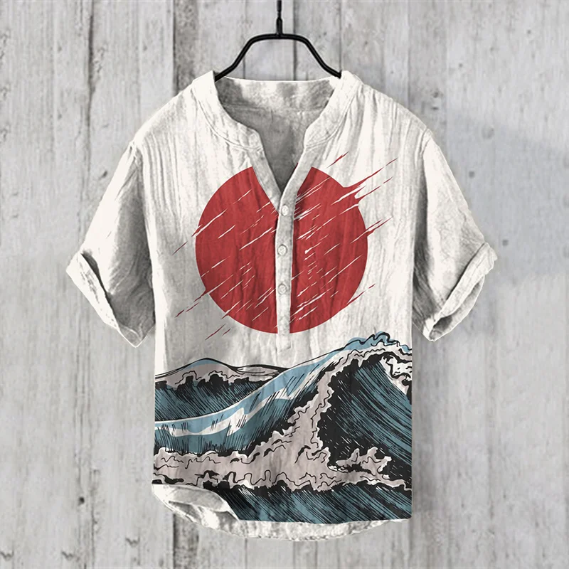 

Men's short-sleeved shirts, oversized Hawaiian shirts, sunset over the mountains, printed retro style, casual social luxury line