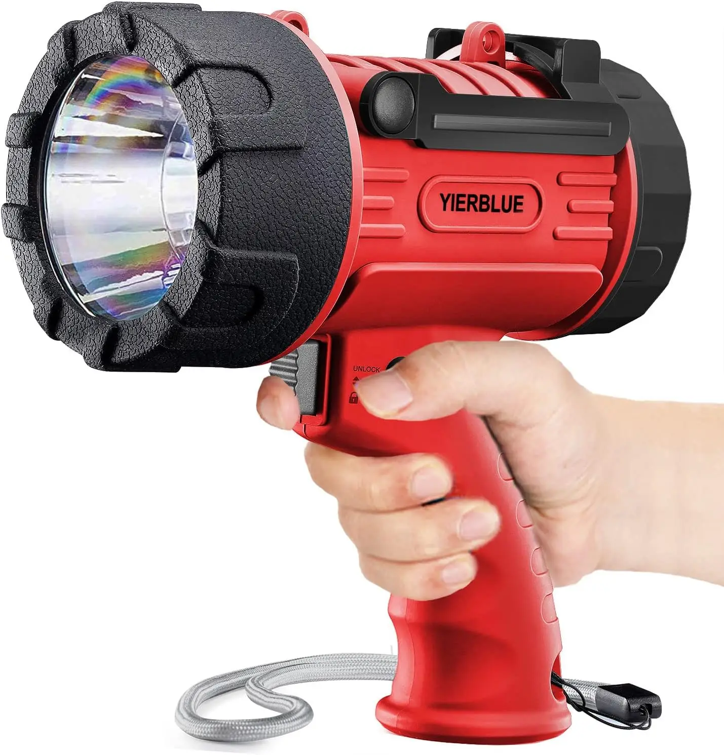 

200,000 Lumen Rechargeable Spotlight, IP67 Waterproof, Long Running, Impact Resistant with Foldable Stand & Red Lens
