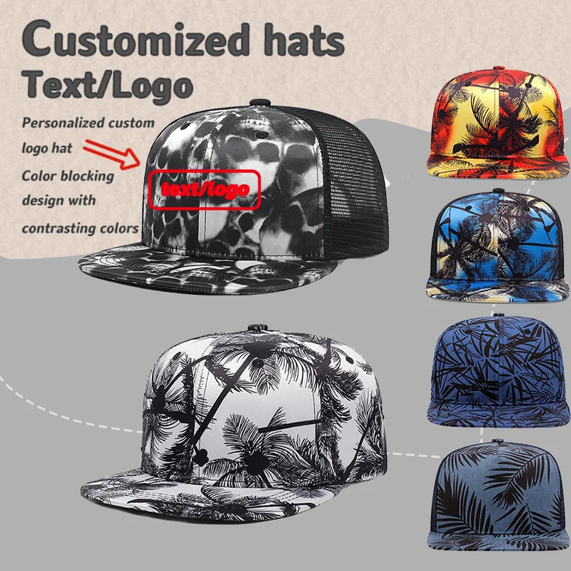 

Custom Logo Coconut Leaf Brim Printed Mesh Flat Edge Hat Summer Men's and Women's Adjustable Shade Hip Hop Baseball Cap Gorras