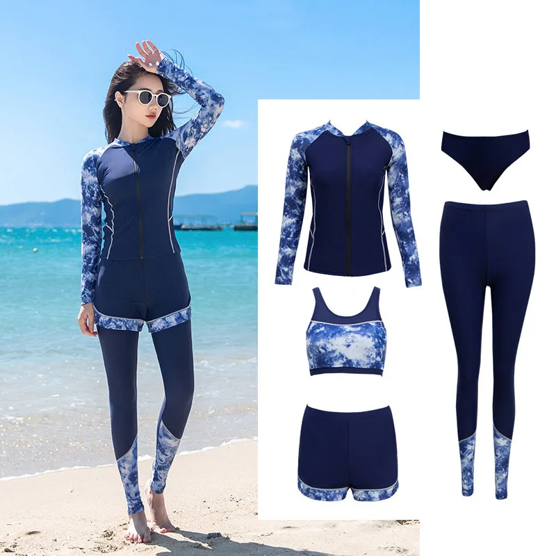 

Women Long Sleeve 5pcs/set Swimsuit UPF50+ Full Rash Guard Shirt+Bra+Leggings Surfing Swimwear Tank Bikini Tankini Thong Bottom