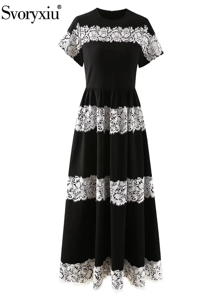 

Svoryxiu Summer Fashion Designer Elegant Long Dress Women's High Waist Slim Lace Hollow Out Embroidery A-Line Dress