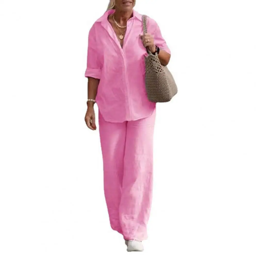 1 Set Women Summer Suit  Turn-Down Collar   Casual Outfit Linen Top Long Pants Women Summer Suit