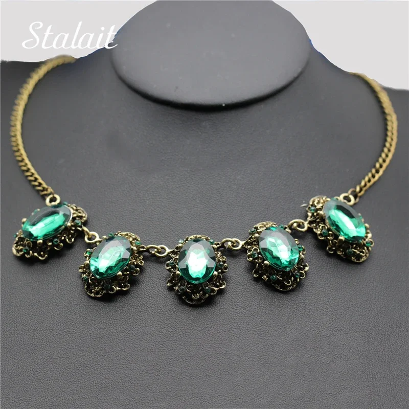 

Trendy Women Vintage Green Crystal Maxi Antique Bronze Color Statement Necklace Pendants Jewelry for Party Gift