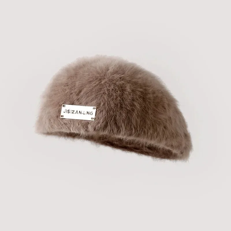 Winter Warm Reversible Rabbit Fur Beret Hat for Women, Double-Sided Knit Retro Painter Cap for Oval and Round Faces