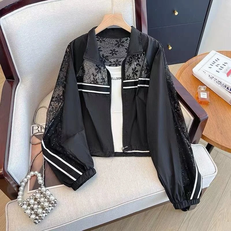 Summer Coats Women Clothing Patchwork Lace Long Sleeve Crop Tops See Through Casual Zipper Chic Outerwear