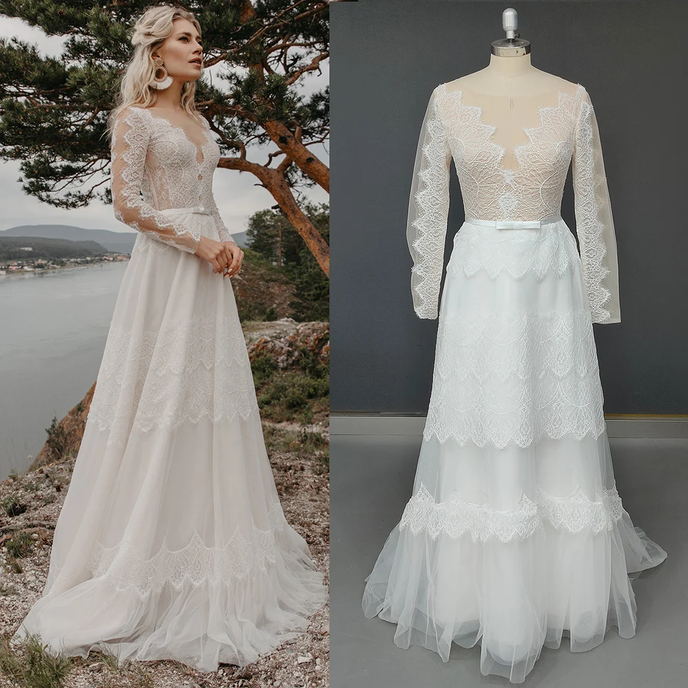 Echt Fotos Sehen Durch Tiered Spitze Boho Strand Brautkleid Schärpe Transparent Zurück Langen Ärmeln Tüll V-ausschnitt Nude Hochzeit Kleid