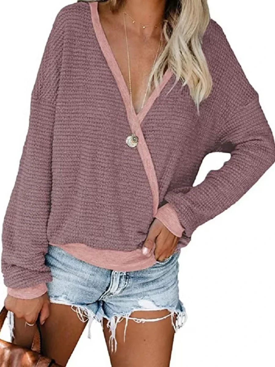 New Spring and Autumn Women'S Loose Long Sleeved Zipper Knitted V-Neck Long Sleeved T-Shirt Loose Fashion Long Sleeved Top