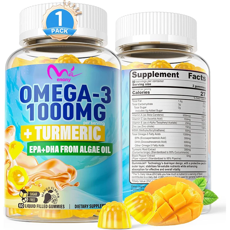 Gomitas vegetarianas Omega-3 1000mg+algas de cúrcuma DHA 600mg y EPA 300mg, vitaminas A, C, E, sin azúcar, 60 cápsulas