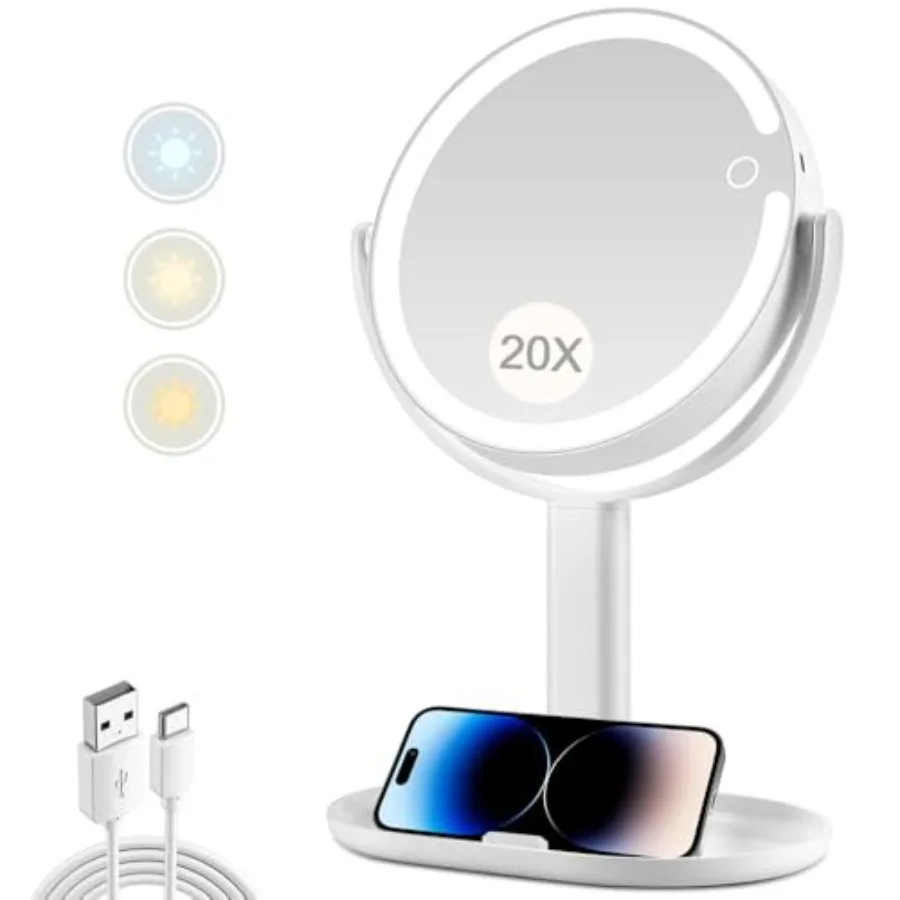 Makeup Mirror with Lights, 20X Magnifying Mirror with Light and Touch Switch, Vanity Mirror with 3 Color Light and 80 LEDs, 2-S