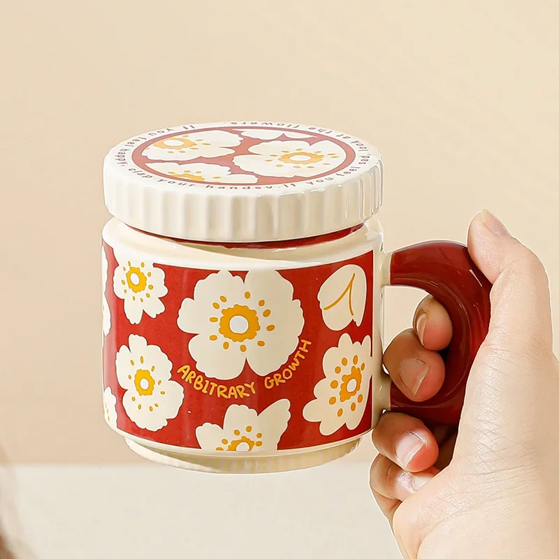 China-Chic Flower Covered Ceramic Mug, Large Capacity Imitation Enamel Gift Couple Cups, Breakfast Milk Coffee Mugs, Kawaii Cup