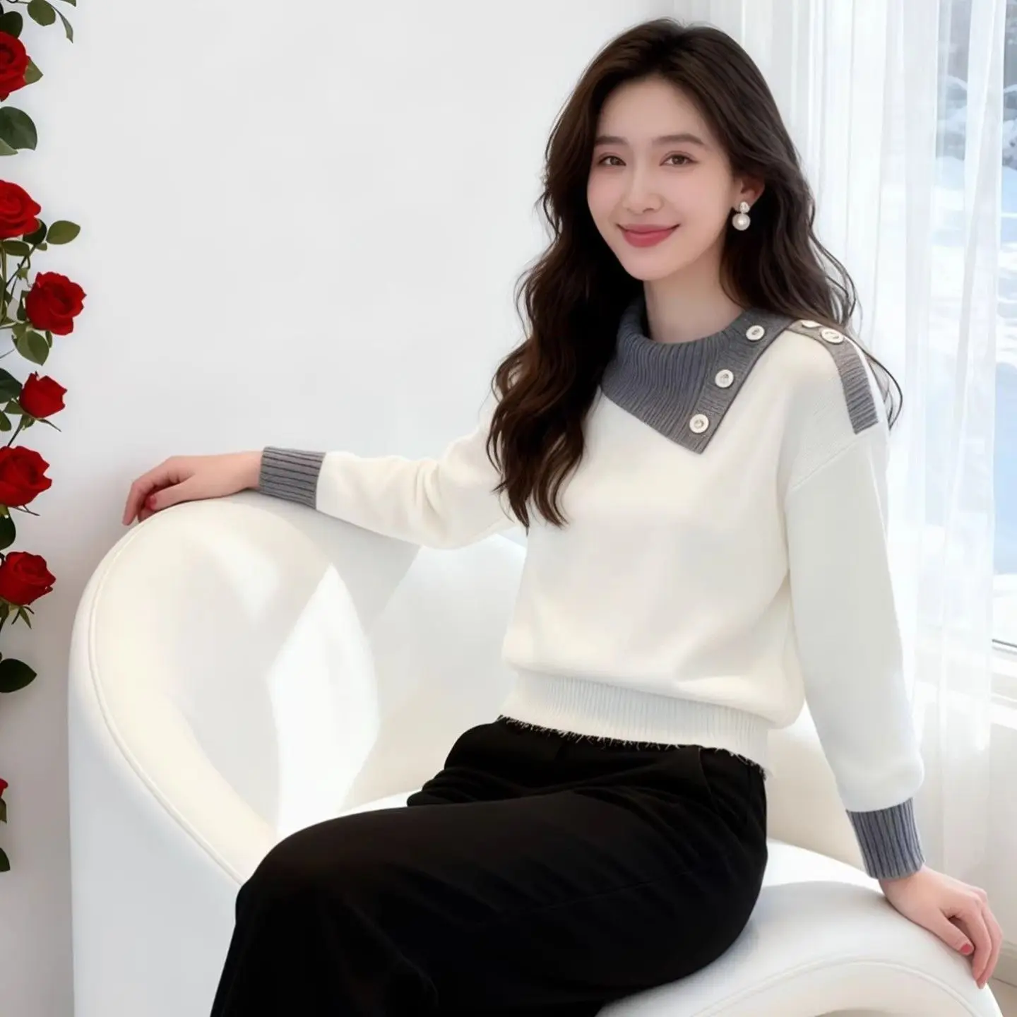 

Elegant Slim Fit Knitted Base Layer Top Fashionable Soft Style Women's Long Sleeve round Neck Pullover Sweater by Hangzhou ...