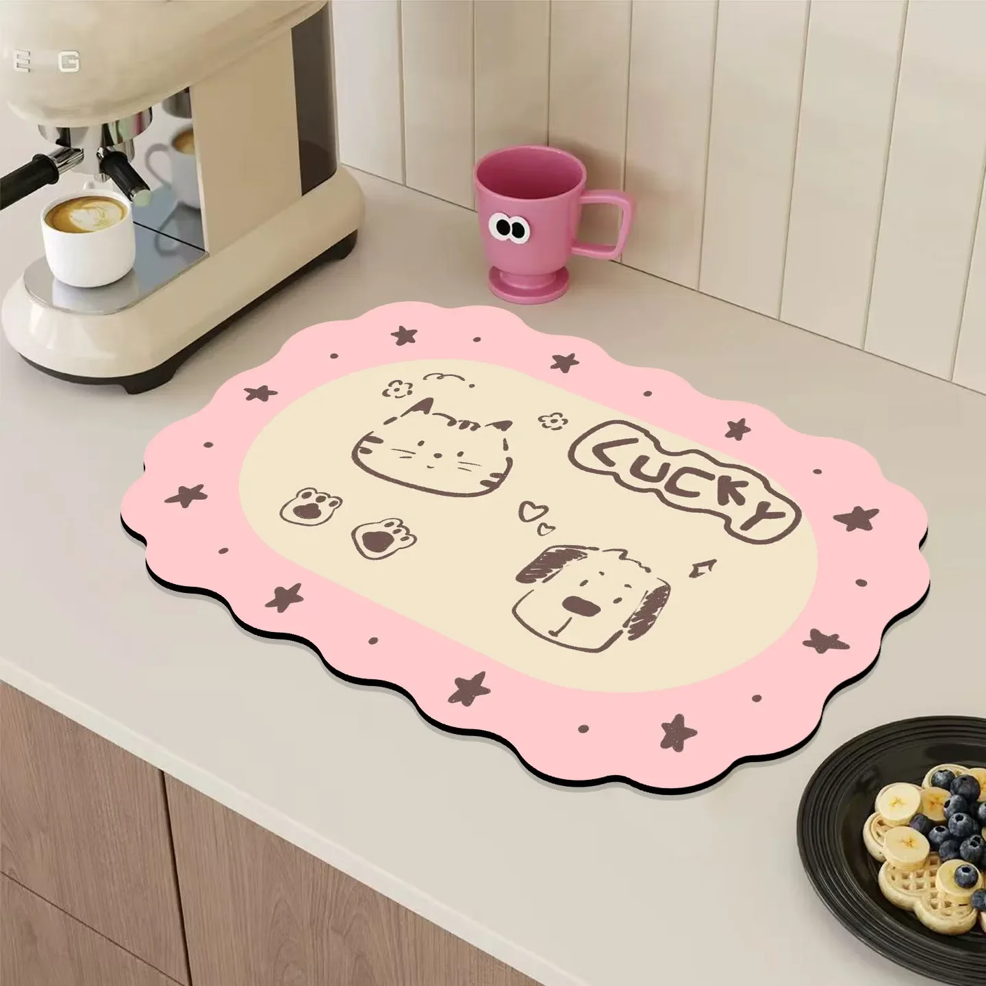 VIKAMA hand drawn cat dog kitchen drying mat lucky paw wavy edge cute design stylish kitchen countertop absorbent anti-slip pad
