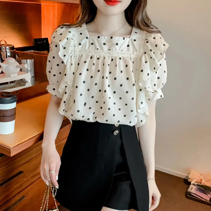 Sweet Chiffon Lace Ruffles Polka Dot Blouses Summer Square Collar Printed Commute Tops Puff Sleeve Women\'s Clothing Korean Shirt