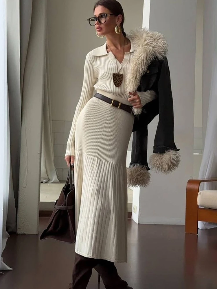 

Tuularose Knit Dress 2-Piece Set Elegant Ribbed Knit Cardigan Pleated Slim Skirt Sets Fashion Commuter Party Dress Set For Women