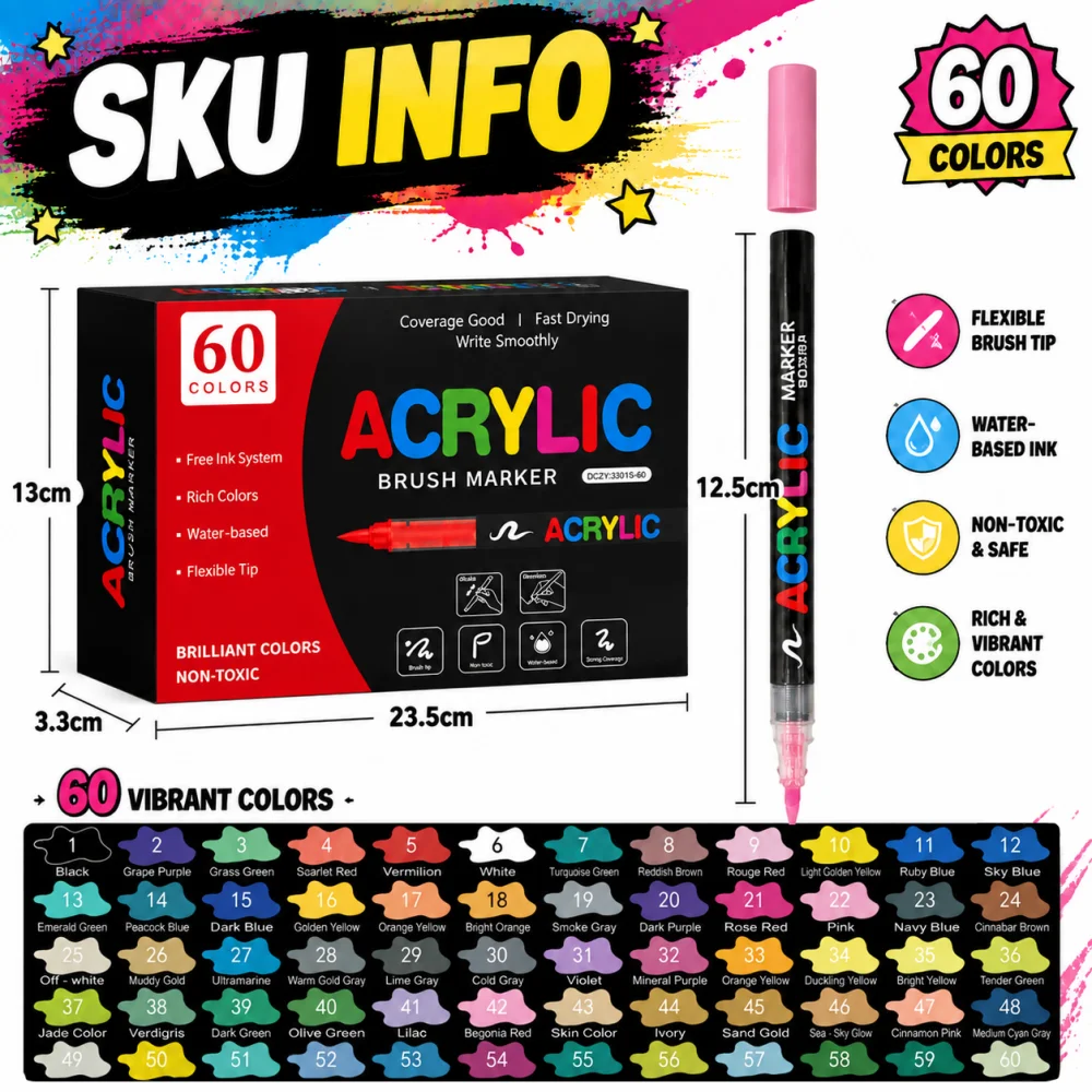 12/24/36/48/60 Farben Acrylfarbe Stifte Marker Pinselspitze Farbmarker für Stein Holz Stein Keramik Ballon Glas Geschenk DIY Handwerk – Detail 12