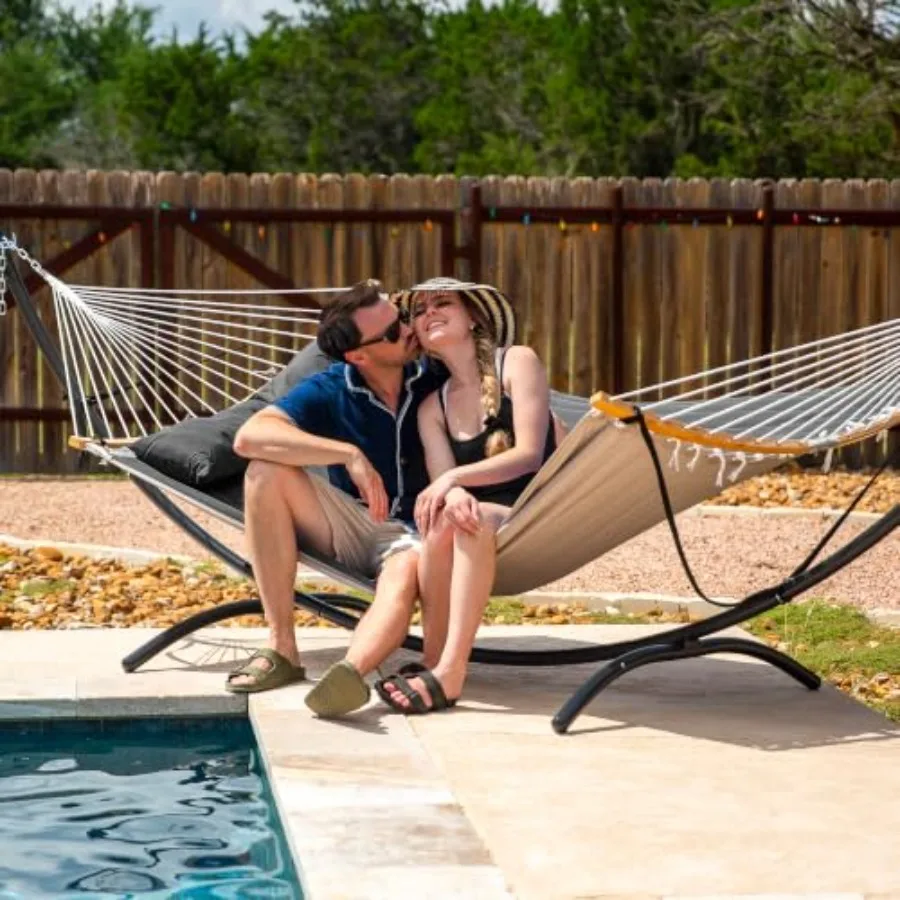 Standing Patio Hammock for Outdoor Use, Steel Frame with Polyester Fabric, Dark Gray, Portable and Foldable with Patent-Pending