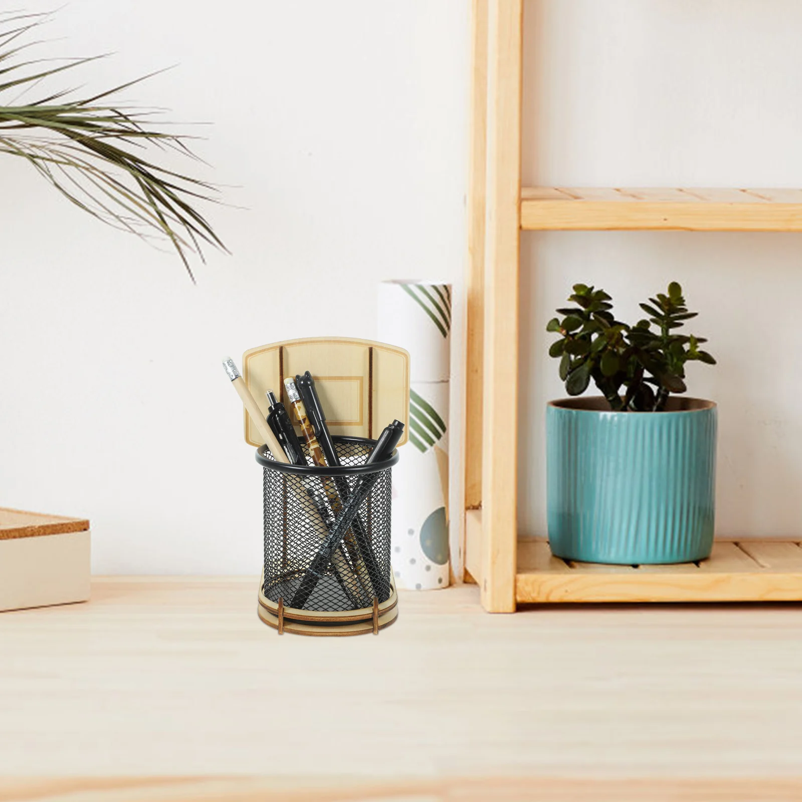 

Sturdy Multi-Function Pen Holder Basketball Stand Desktop Organizer Pencil Large Capacity Office Stationery Wood Style Container