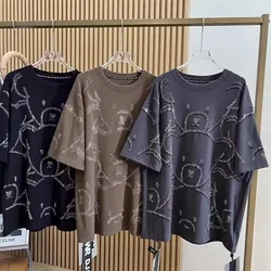 L-4XL Plus Size T-shirts for Women Cartoon Bear Pattern Diamonds Summer Short Sleeve Loose Tops Womens Clothing Ropa De Mujer