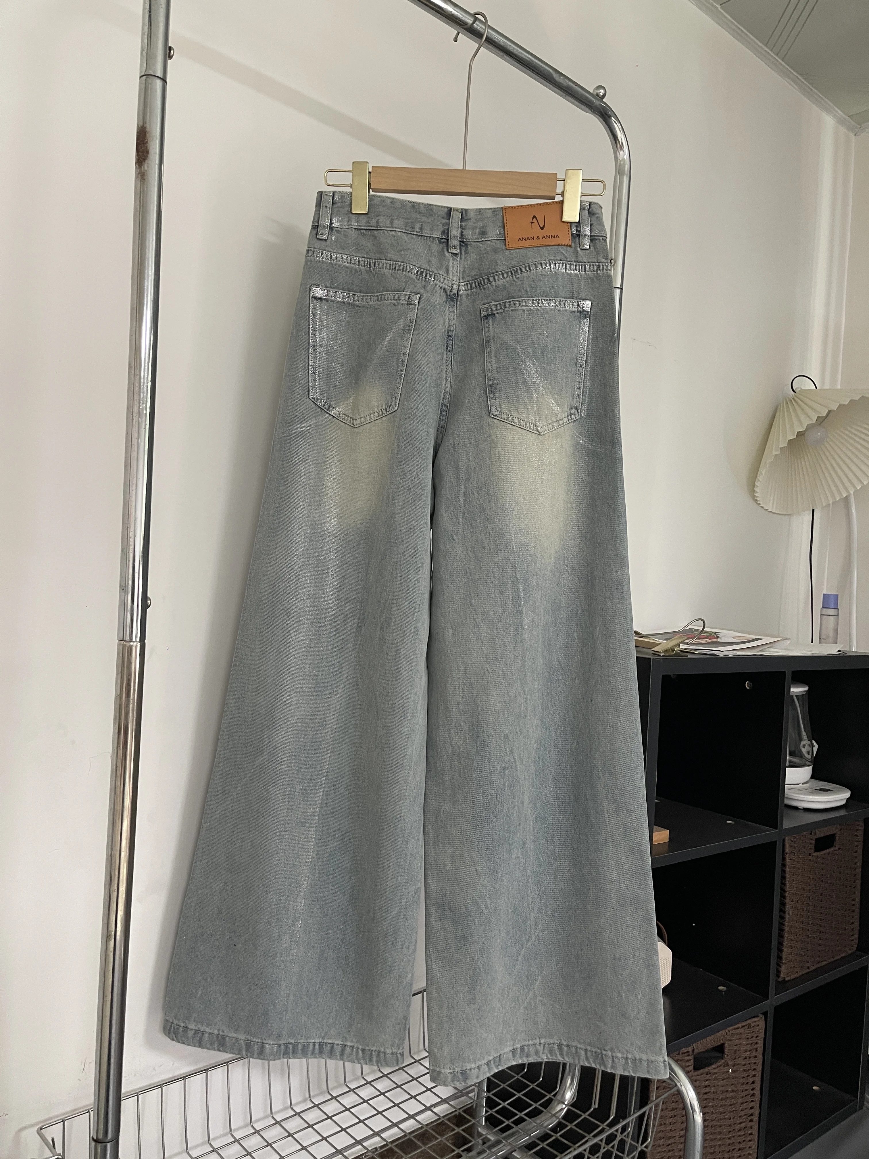 FINEWORDS Silver Foil stamping High Waist Jeans Women Wide Leg Korean Casual Jeans Streetwear Harajuku Baggy Retro Washed Jeans