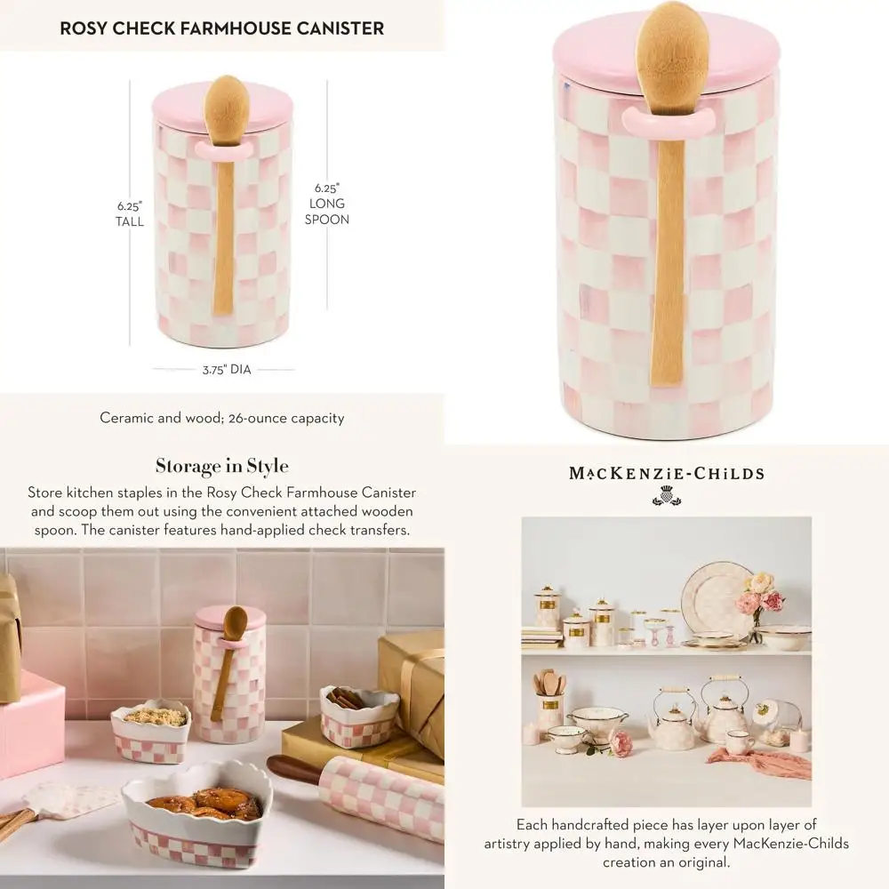 

Kitchen Storage Canister with Lid in Pink and White Check Pattern