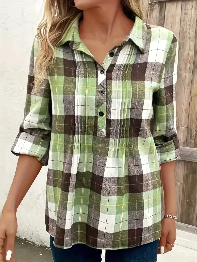 Plus Size 1XL-5XL Women's Plaid Print Casual Blouse Shirt Ladies Fashion Button Up Lapel Collar Pullover Long Sleeve Shirt Top