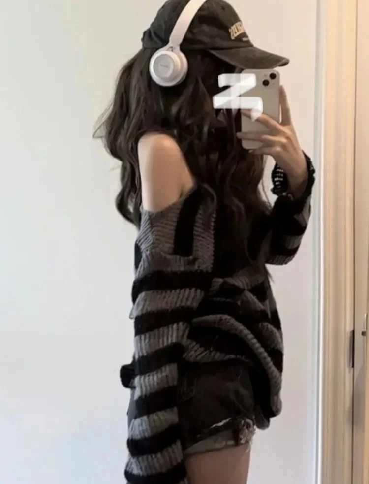 Gothic Sexy Aushöhlen Pullover Frauen Gestreiften Lose Langarm Punk Gestrickte Jumper Streetwear Harajuku Hip Hop Tops