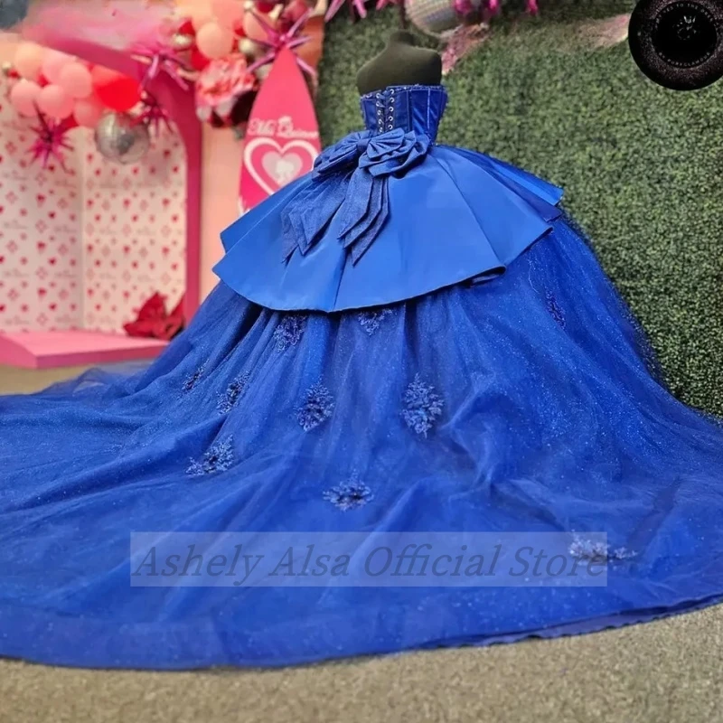 Real Picture Royal BlueQuinceanera Dresses Ball Gown Bow 3D Flowers Appliques Sweet 16 15 Prom Pageant Wear Vestidos De XV Anos