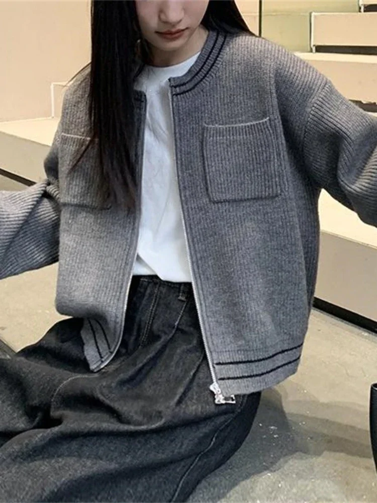 

Spring Autumn Women Cardigan Vintage Solid Color Coat Long Sleeve Round Neck Sweater Jacket Female Casual Zipper Sweater Coats