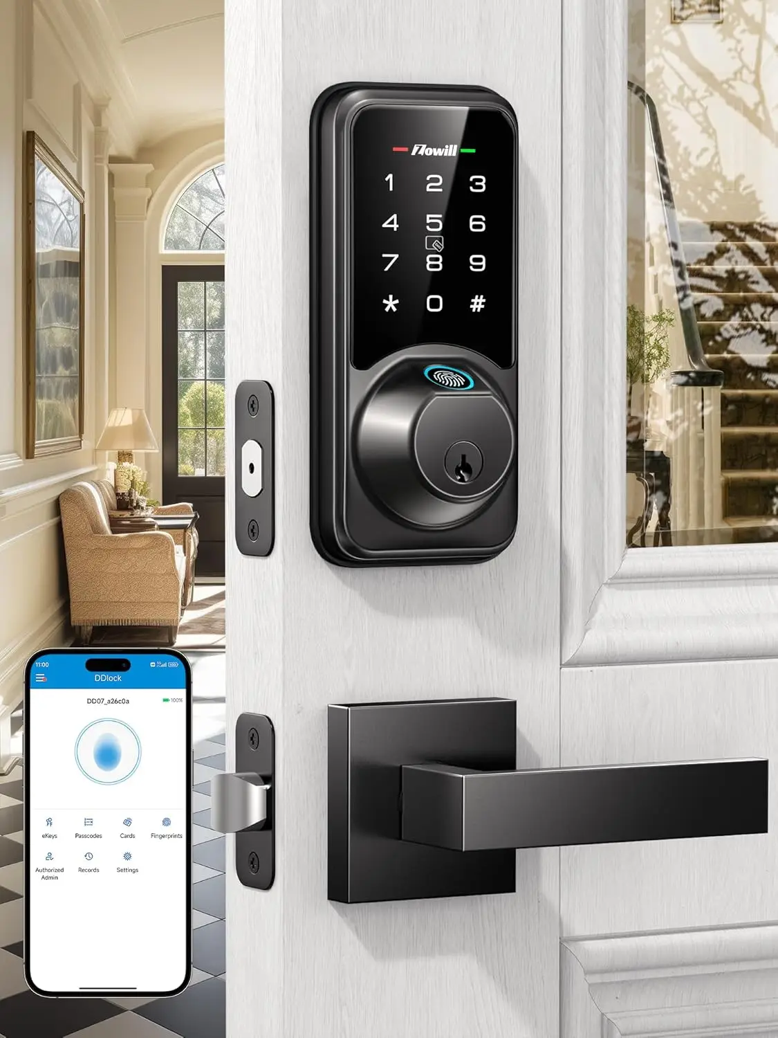 rt Door Lock Set For Front Door, Zowill 7-In-1 Fingerprint Deadbolt With App Control, Keyless Entry Door Lock With 2 Lever