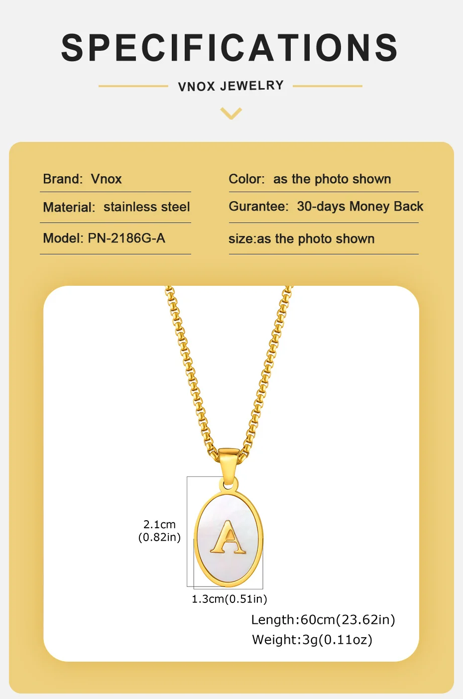 Vnox Herren-Halskette mit Initialen, A-Z Buchstaben-Anhänger, goldfarben, Edelstahl-Kastenkette, personalisierter Schmuck, Geschenk für Männer, für den täglichen Gebrauch – Detail 3
