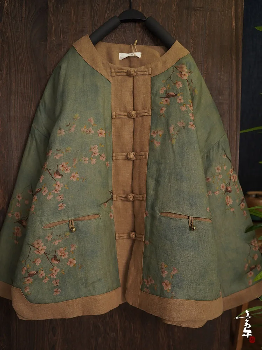 

Женская хлопковая куртка Thiened с винтажным принтом, хлопковая одежда на пуговицах, зимняя верхняя одежда, свободная посадка, длинная све, круглая Ne