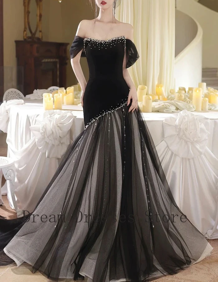 Customized Classic Velour Pearl Draped Pleat Trumpet Off-the-shoulder Long Dresses Bespoke Occasion Dresses Exquisite Matching