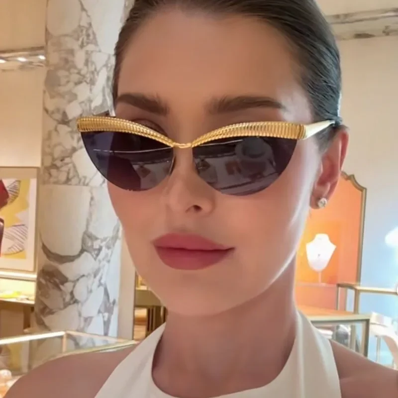Vintage Y2K Big Half Frame Cat Eye Sunglasses Women Female New Luxury Brand Designer Sun Glasses Punk Gold Metal Eyebrow Shades