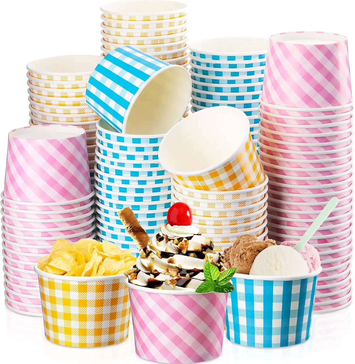 

120 Pieces 9 oz Gingham Disposable Paper Cups Ice Cream Cups Bulk Gingham Party Supplies Buffalo Plaid Treat Paper Cup S