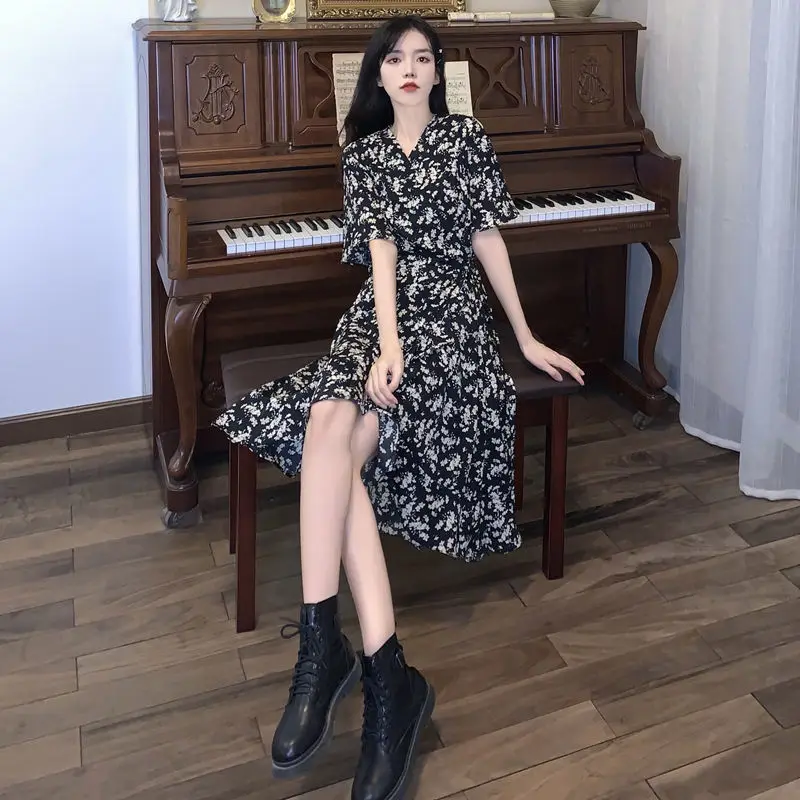 Short Sleeve Dress Women Floral BF Midi Elegant Boho Party Summer V-neck Korean Style Vestidos Feminino Empire Sweet Mature Ins