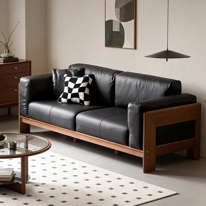  Du Zefan Full Green Leather Sofa Solid Wood Medium Antique Black Small Apartment Module New Living Room Semi-Green