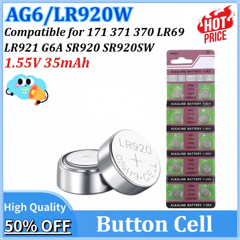 

1.55V 35mAh LR920 AG6 171 371 370 LR69 LR921 G6A SR920 Button Battery for Watch Toys Remote SR920SW Cell Coin Alkaline Battery