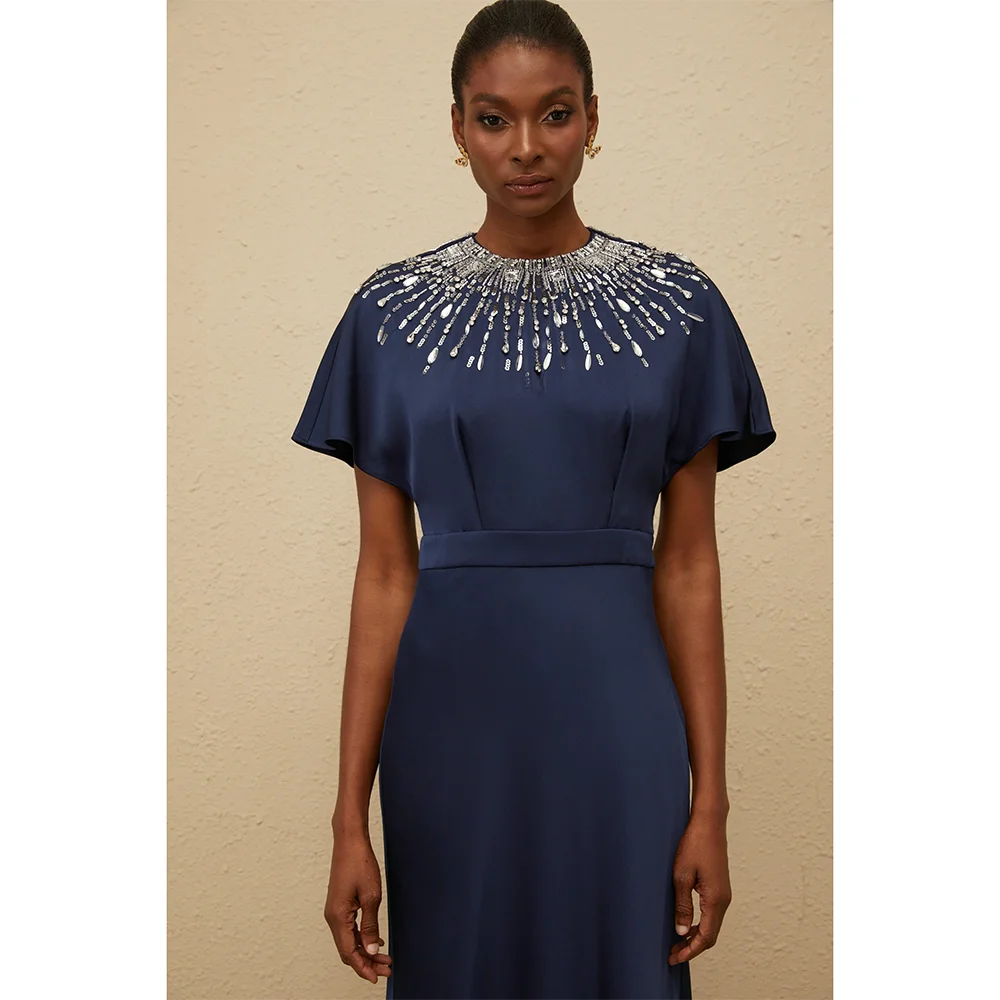 Customized Short Sleeves Long Evening Dresses Elegant Formal Occasion Prom Gowns Crystal 2025 Ankle Length Prom Dresses