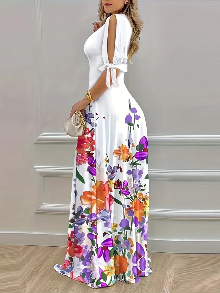 Deep V-Neck Simple White Printing Maxi Dress, Women Summer Holiday Short Sleeve Party Dress, Loungewear Hollow Out Ladies Dress