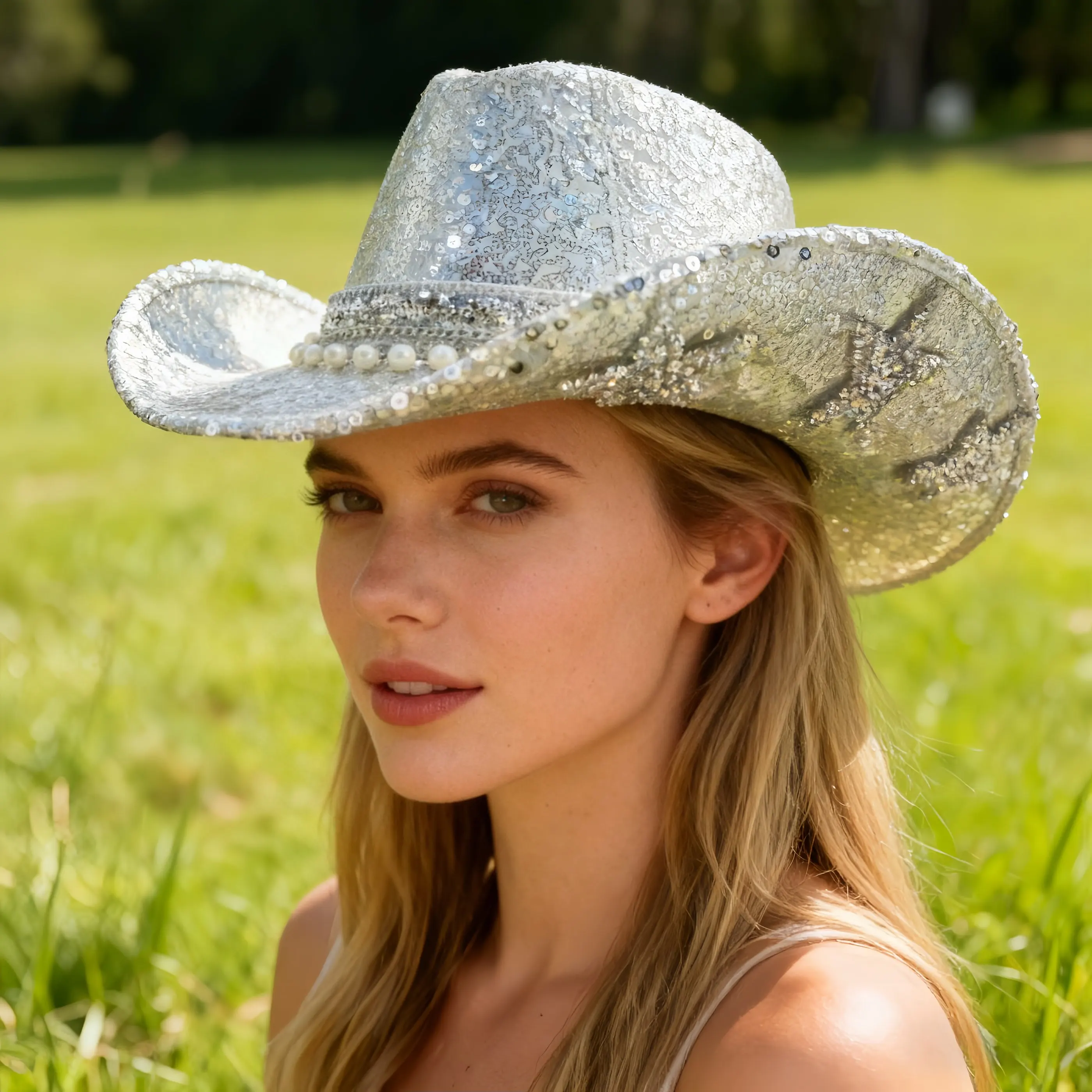 

HongLuan Glitter Costume Hat Adult & Cowboy Hats Rhinestone for Woman, Cowboy Cosplay Female Accessories & Cowgirl Cap