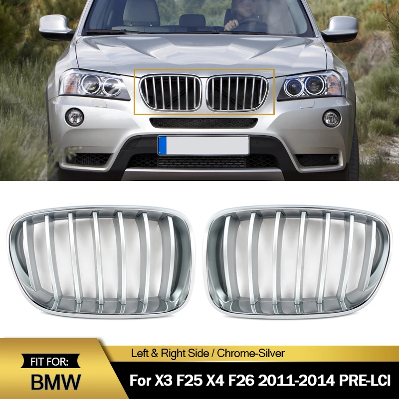 Chrome Surround W/Silver Slats Front Bumper Kidney Grille For BMW X3 F25 2010-13