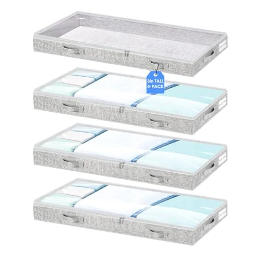 

3-Inch High Foldable Underbed Storage Bins with Lid and Zipper, No Structure, Super Slim Clothes Organizer for Crib Dorm Couch