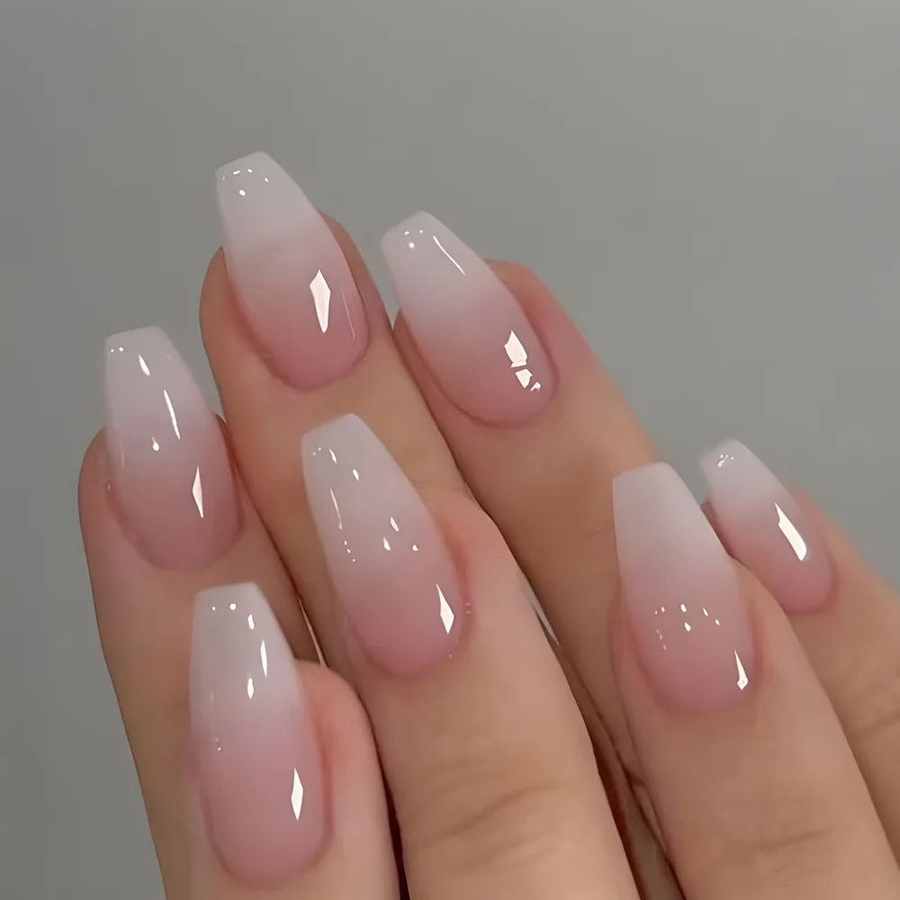 24pcs Ballet White False Nails Finished Simple Gradient Design Fake Nail Mid-length Press on Nails Tips Reusable with Jelly Glue