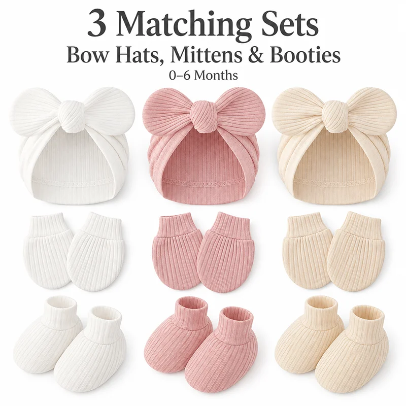 Newborn Bow Turban Hats Comfy Ribbed Cotton Baby Mittens Anti Scratch Booties 3 Sets Unisex 0-6 Months Infant Hat Accessory Sets