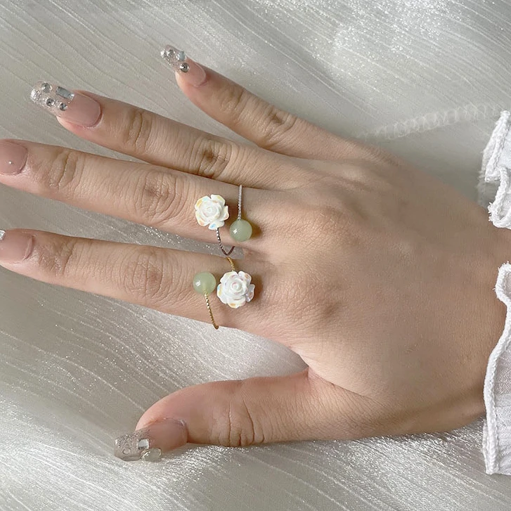 

VIVILADY 925 серебро Hotan нефрит Роза Камелия Цветок открытые Регулируемые кольца для женщин Изящные Ювелирные изделия милые аксессуары