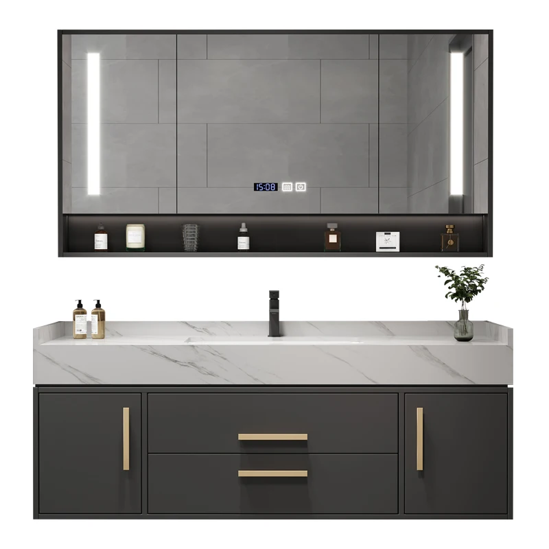 zn-Modern Solid Wood Lacquer Finish Wall-Mounted All-in-One Vanity Cabinet LED Mirror Stone Basin Stainless Steel Drainer@