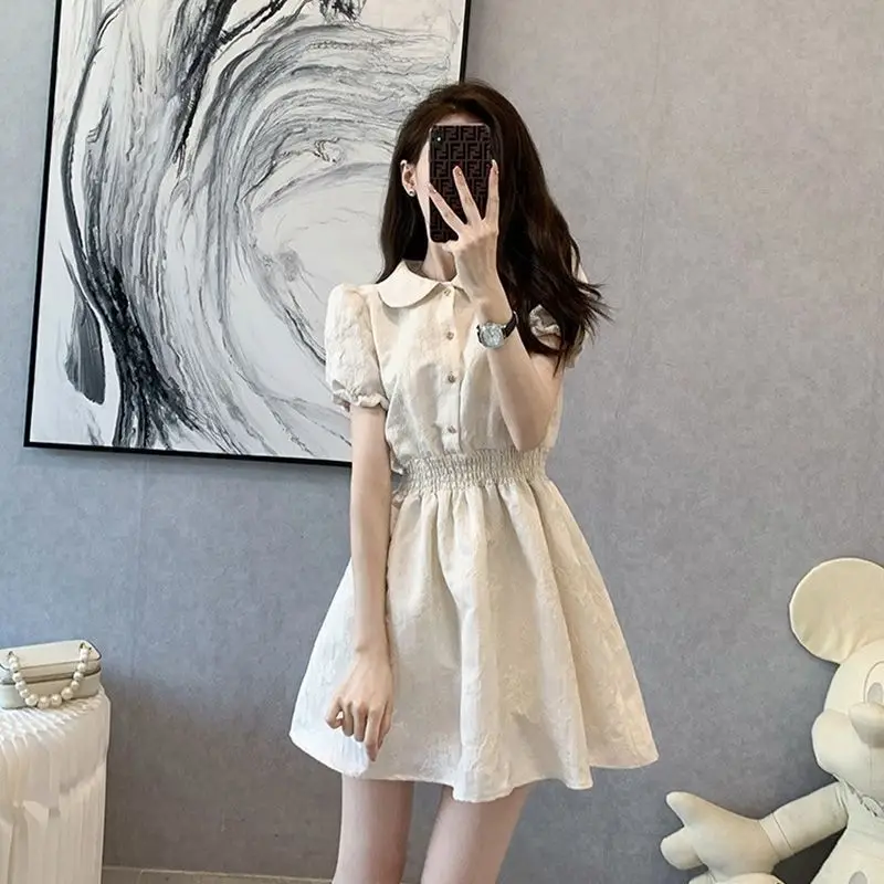 Short Sleeve Dress Women Elegant Popular Simple Solid Ins Young Ladies Korean Style College Cosy Summer Street Wear New Arrival