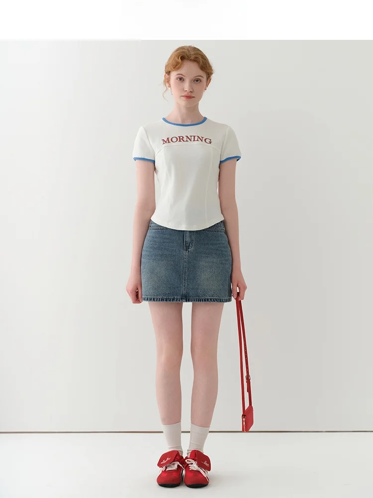 Retro Waed Denim High Waist A-Line  Skirt Women's Summer Slimming Skirts Jiujiu Brand Cotton Polyester Blend