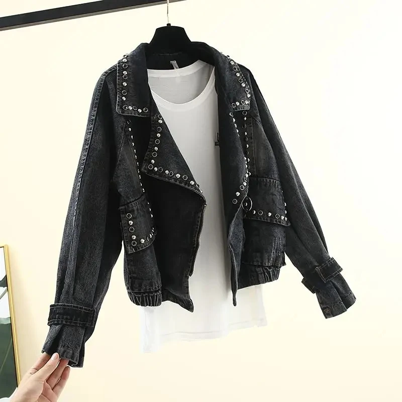 Turn-down Collar Nail Bead Denim Jacket Women Loose Zipper Outwear Jean Coat Female Spring And Autumn Jacket Blue Black Jackets